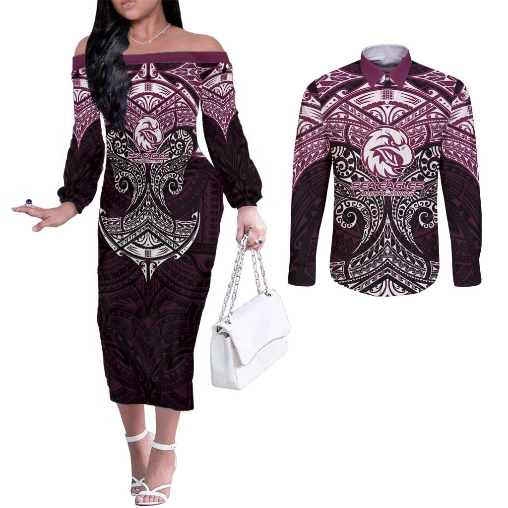 Personalized Manly Warringah Sea Eagles Couples Matching Off The Shoulder Long Sleeve Dress and Long Sleeve Button Shirt Polynesian Tribal Pattern Style