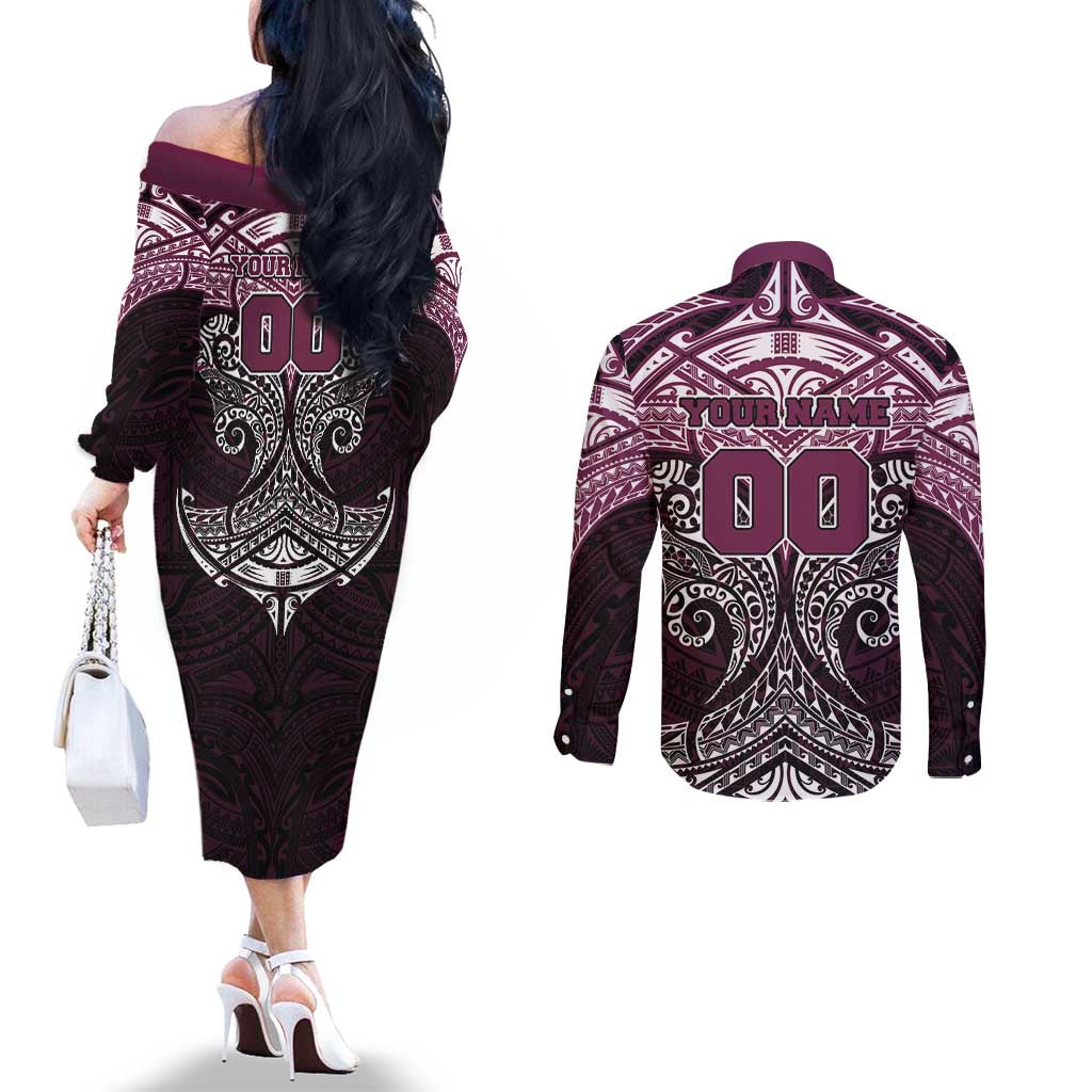 Personalized Manly Warringah Sea Eagles Couples Matching Off The Shoulder Long Sleeve Dress and Long Sleeve Button Shirt Polynesian Tribal Pattern Style