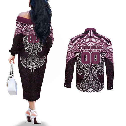 Personalized Manly Warringah Sea Eagles Couples Matching Off The Shoulder Long Sleeve Dress and Long Sleeve Button Shirt Polynesian Tribal Pattern Style