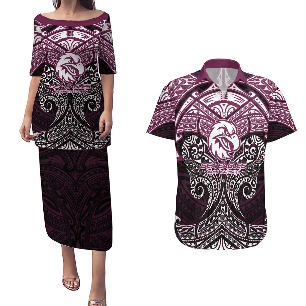 Personalized Manly Warringah Sea Eagles Couples Matching Puletasi and Hawaiian Shirt Polynesian Tribal Pattern Style