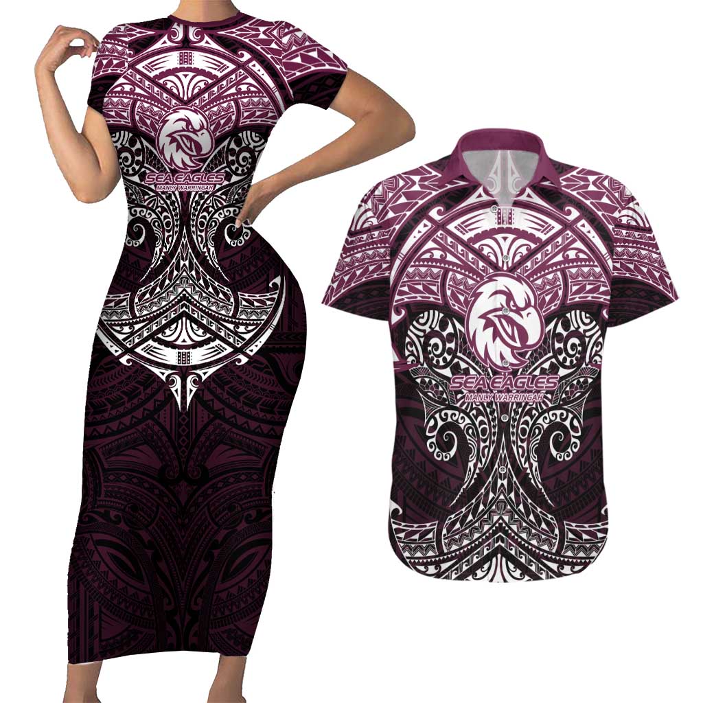 Personalized Manly Warringah Sea Eagles Couples Matching Short Sleeve Bodycon Dress and Hawaiian Shirt Polynesian Tribal Pattern Style