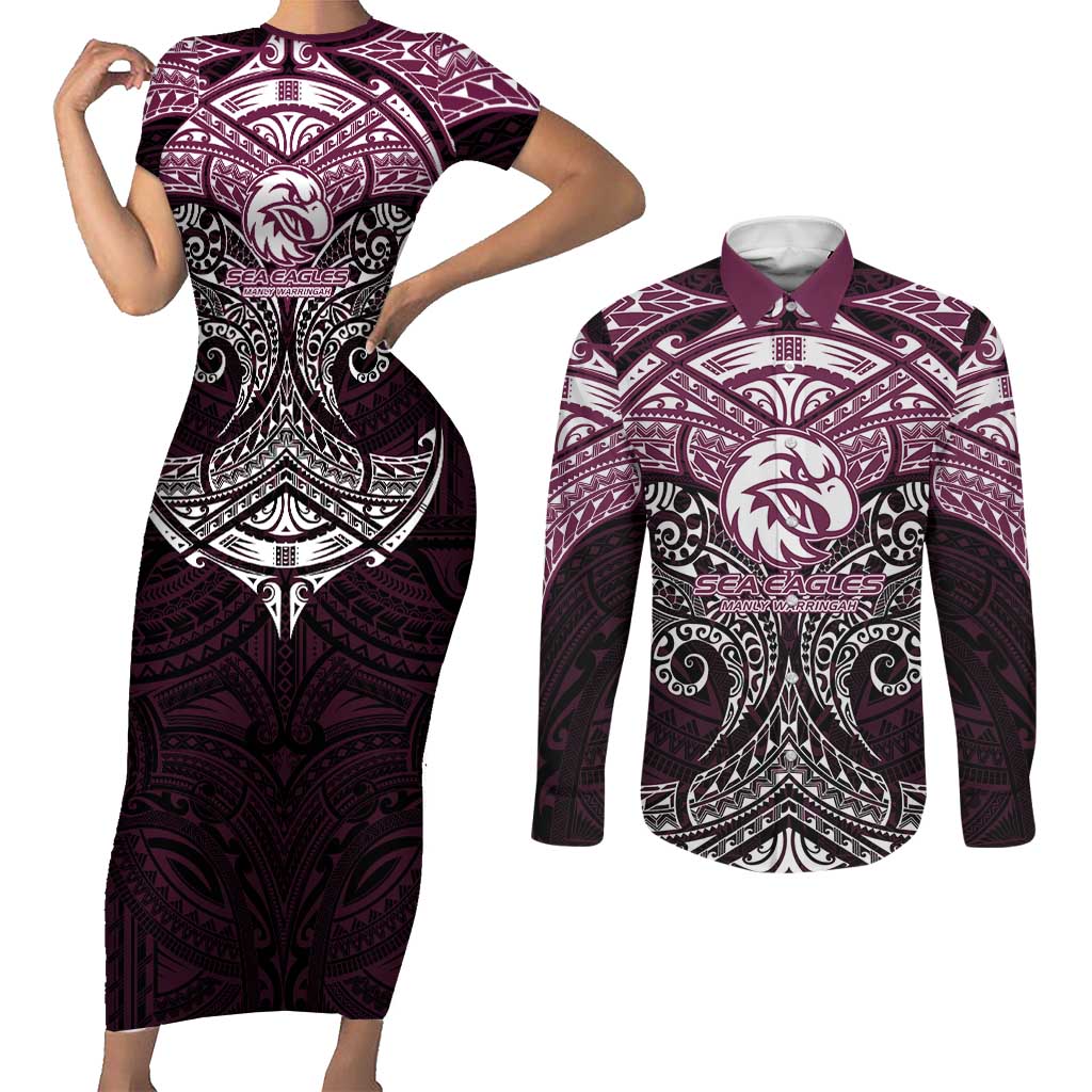 Personalized Manly Warringah Sea Eagles Couples Matching Short Sleeve Bodycon Dress and Long Sleeve Button Shirt Polynesian Tribal Pattern Style