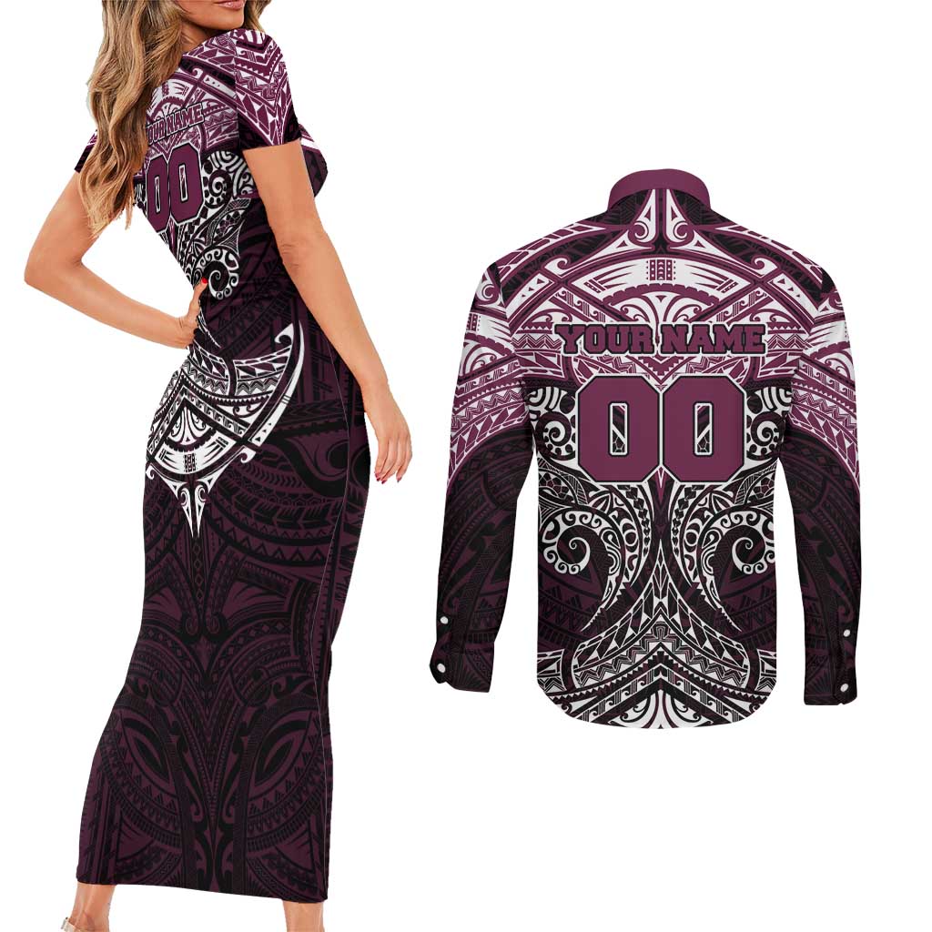 Personalized Manly Warringah Sea Eagles Couples Matching Short Sleeve Bodycon Dress and Long Sleeve Button Shirt Polynesian Tribal Pattern Style