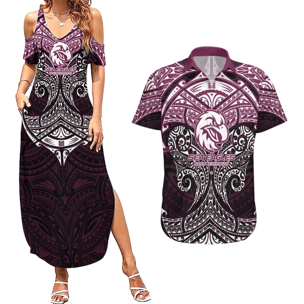 Personalized Manly Warringah Sea Eagles Couples Matching Summer Maxi Dress and Hawaiian Shirt Polynesian Tribal Pattern Style