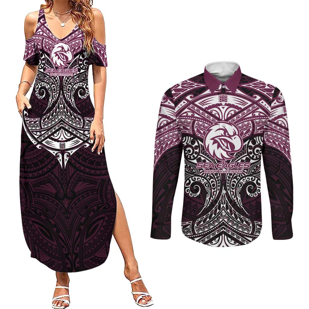 Personalized Manly Warringah Sea Eagles Couples Matching Summer Maxi Dress and Long Sleeve Button Shirt Polynesian Tribal Pattern Style