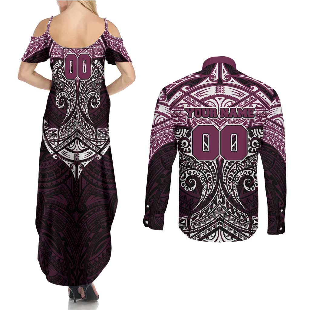 Personalized Manly Warringah Sea Eagles Couples Matching Summer Maxi Dress and Long Sleeve Button Shirt Polynesian Tribal Pattern Style
