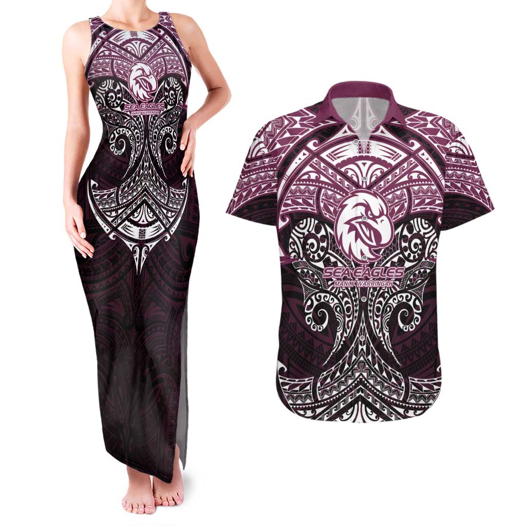 Personalized Manly Warringah Sea Eagles Couples Matching Tank Maxi Dress and Hawaiian Shirt Polynesian Tribal Pattern Style