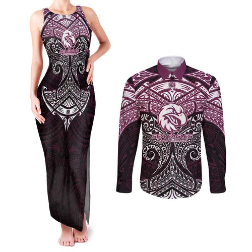 Personalized Manly Warringah Sea Eagles Couples Matching Tank Maxi Dress and Long Sleeve Button Shirt Polynesian Tribal Pattern Style