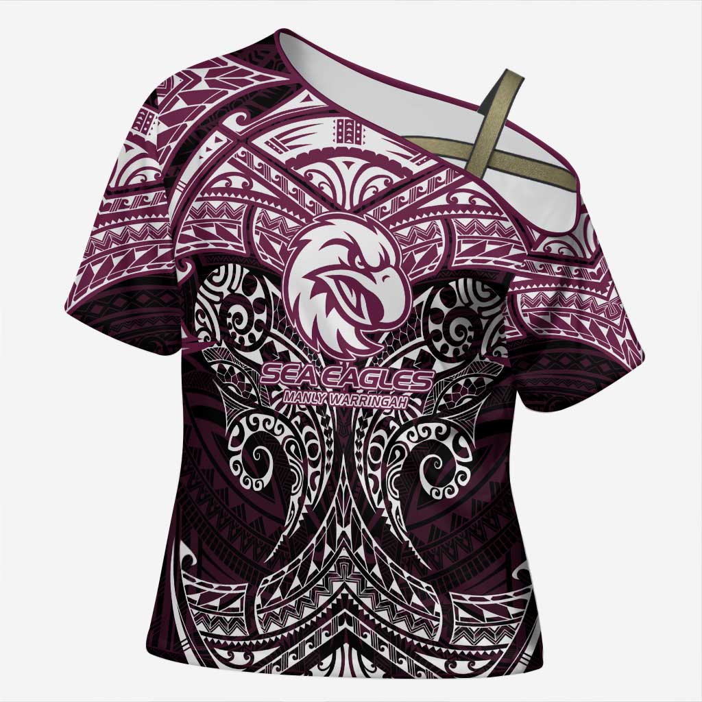 Personalized Manly Warringah Sea Eagles Cross Shoulder Shirt Polynesian Tribal Pattern Style