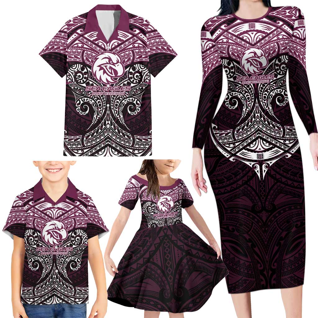 Personalized Manly Warringah Sea Eagles Family Matching Long Sleeve Bodycon Dress and Hawaiian Shirt Polynesian Tribal Pattern Style