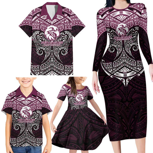 Personalized Manly Warringah Sea Eagles Family Matching Long Sleeve Bodycon Dress and Hawaiian Shirt Polynesian Tribal Pattern Style