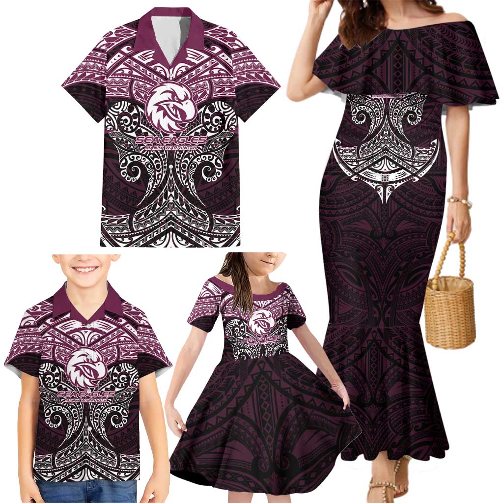 Personalized Manly Warringah Sea Eagles Family Matching Mermaid Dress and Hawaiian Shirt Polynesian Tribal Pattern Style