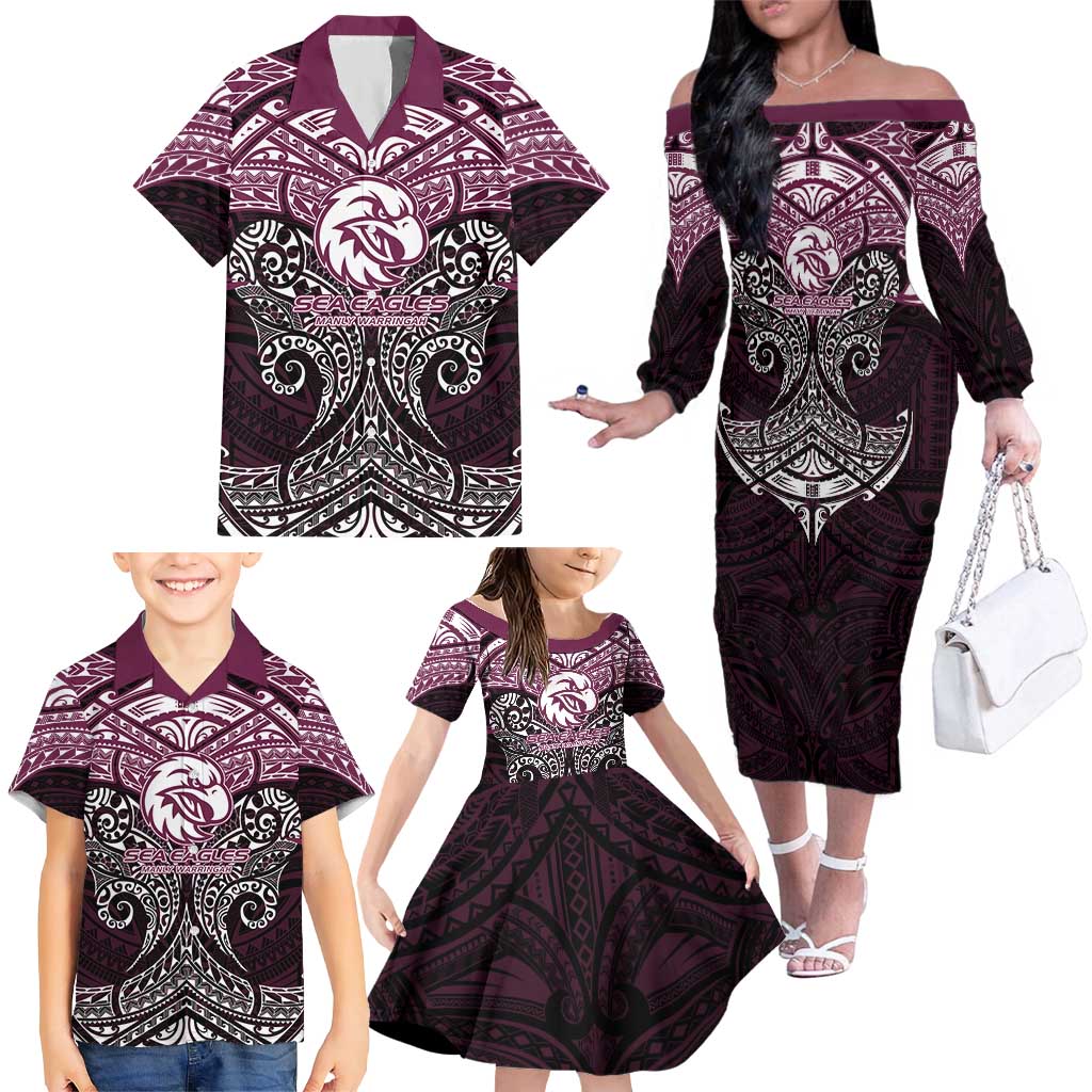 Personalized Manly Warringah Sea Eagles Family Matching Off The Shoulder Long Sleeve Dress and Hawaiian Shirt Polynesian Tribal Pattern Style
