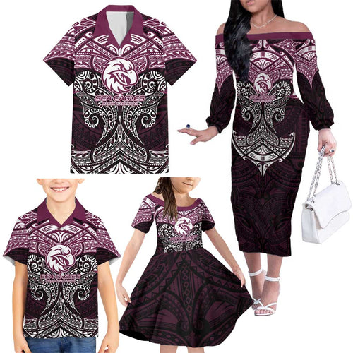 Personalized Manly Warringah Sea Eagles Family Matching Off The Shoulder Long Sleeve Dress and Hawaiian Shirt Polynesian Tribal Pattern Style