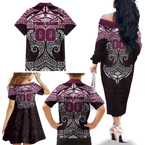 Personalized Manly Warringah Sea Eagles Family Matching Off The Shoulder Long Sleeve Dress and Hawaiian Shirt Polynesian Tribal Pattern Style