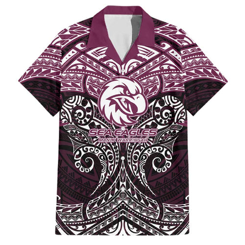 Personalized Manly Warringah Sea Eagles Family Matching Off The Shoulder Long Sleeve Dress and Hawaiian Shirt Polynesian Tribal Pattern Style