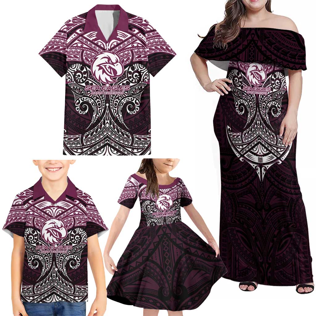 Personalized Manly Warringah Sea Eagles Family Matching Off Shoulder Maxi Dress and Hawaiian Shirt Polynesian Tribal Pattern Style