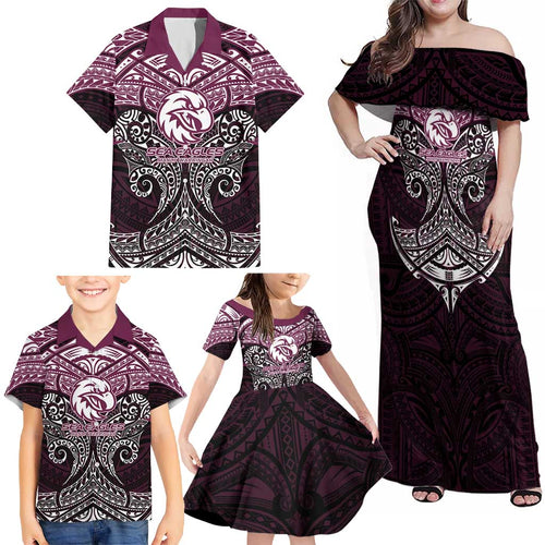 Personalized Manly Warringah Sea Eagles Family Matching Off Shoulder Maxi Dress and Hawaiian Shirt Polynesian Tribal Pattern Style