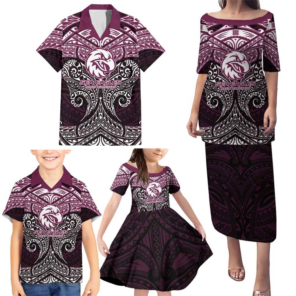 Personalized Manly Warringah Sea Eagles Family Matching Puletasi and Hawaiian Shirt Polynesian Tribal Pattern Style