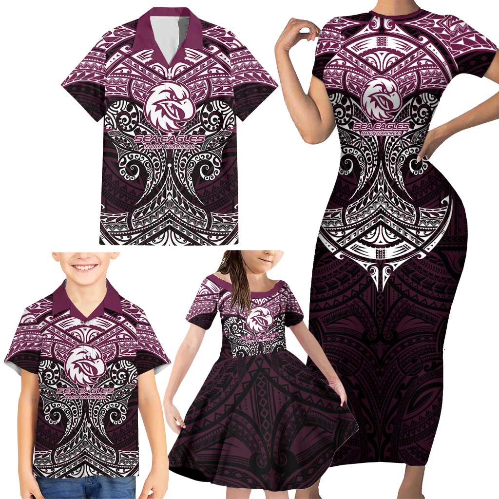Personalized Manly Warringah Sea Eagles Family Matching Short Sleeve Bodycon Dress and Hawaiian Shirt Polynesian Tribal Pattern Style