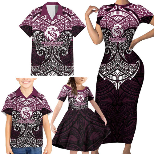 Personalized Manly Warringah Sea Eagles Family Matching Short Sleeve Bodycon Dress and Hawaiian Shirt Polynesian Tribal Pattern Style