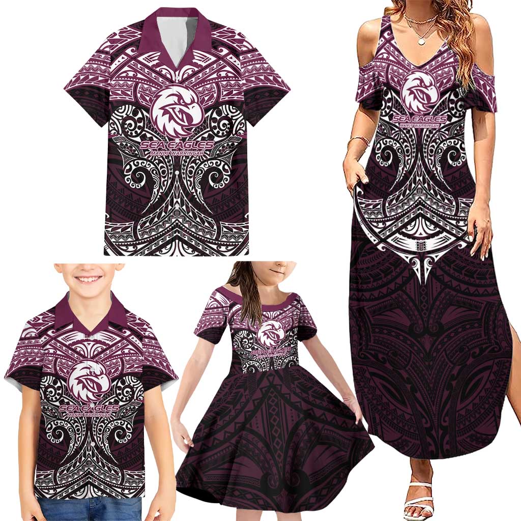 Personalized Manly Warringah Sea Eagles Family Matching Summer Maxi Dress and Hawaiian Shirt Polynesian Tribal Pattern Style