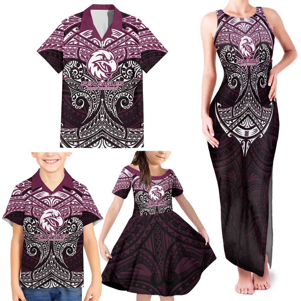 Personalized Manly Warringah Sea Eagles Family Matching Tank Maxi Dress and Hawaiian Shirt Polynesian Tribal Pattern Style