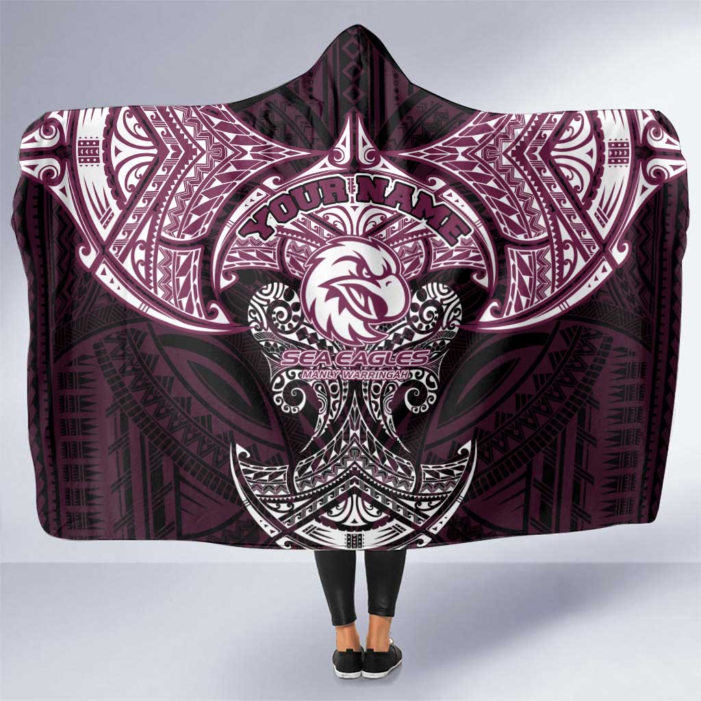 Personalized Manly Warringah Sea Eagles Hooded Blanket Polynesian Tribal Pattern Style