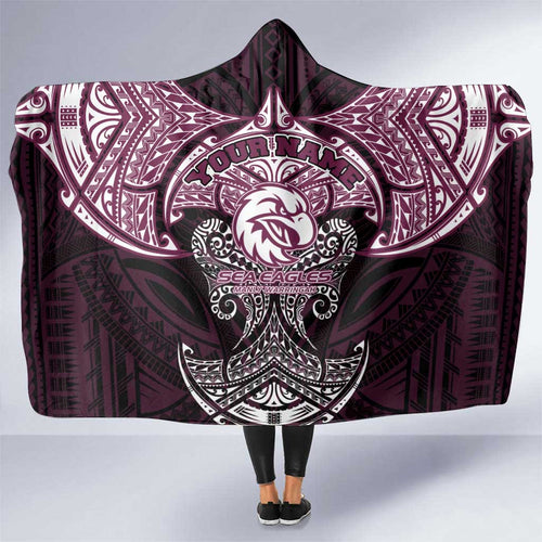Personalized Manly Warringah Sea Eagles Hooded Blanket Polynesian Tribal Pattern Style