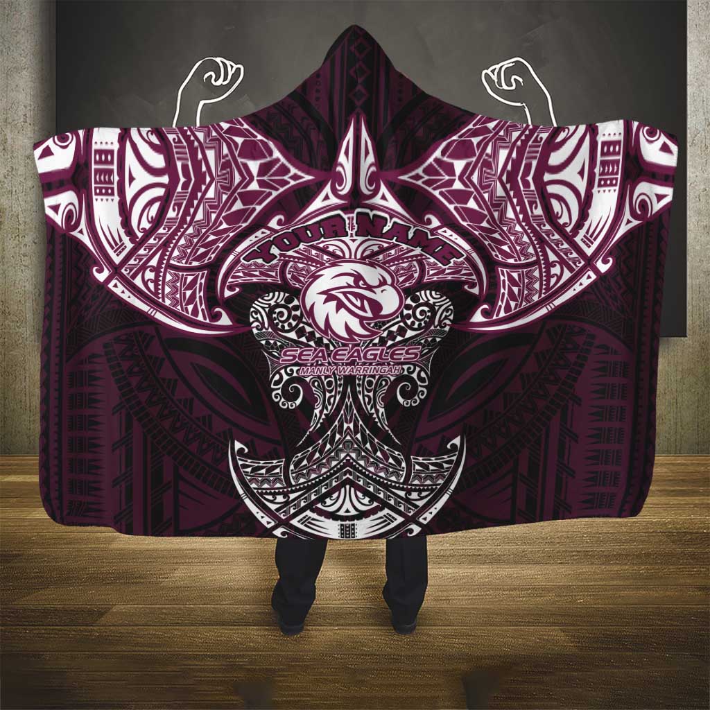 Personalized Manly Warringah Sea Eagles Hooded Blanket Polynesian Tribal Pattern Style