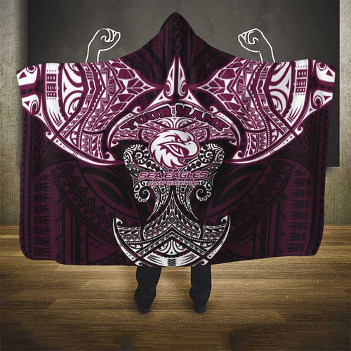 Personalized Manly Warringah Sea Eagles Hooded Blanket Polynesian Tribal Pattern Style