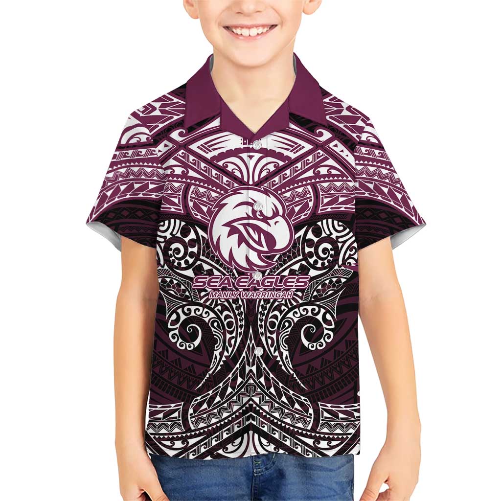 Personalized Manly Warringah Sea Eagles Kid Hawaiian Shirt Polynesian Tribal Pattern Style