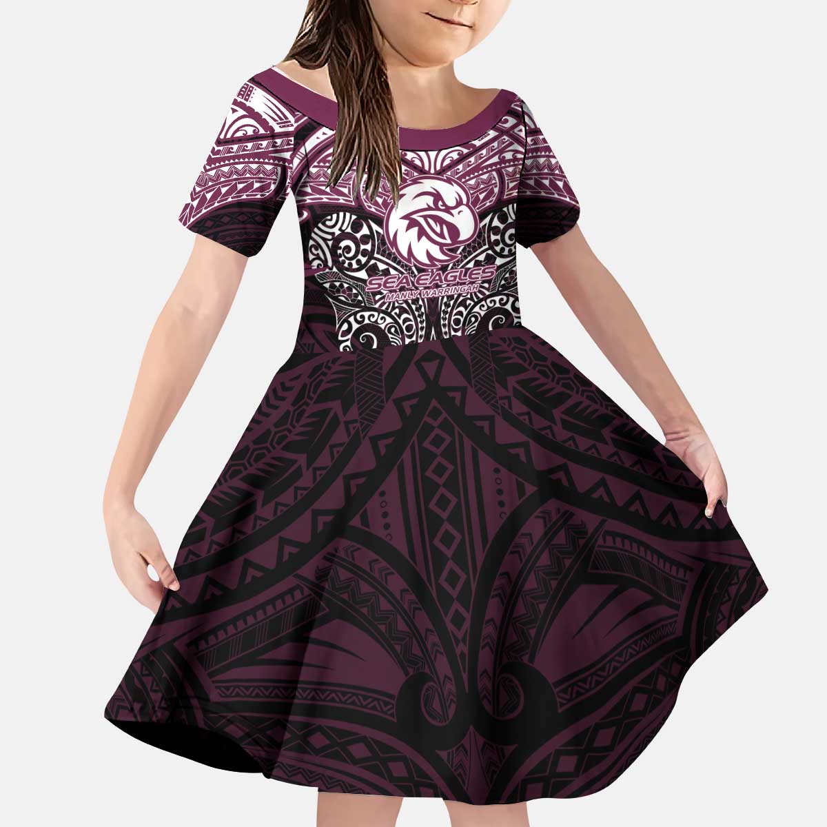 Personalized Manly Warringah Sea Eagles Kid Short Sleeve Dress Polynesian Tribal Pattern Style