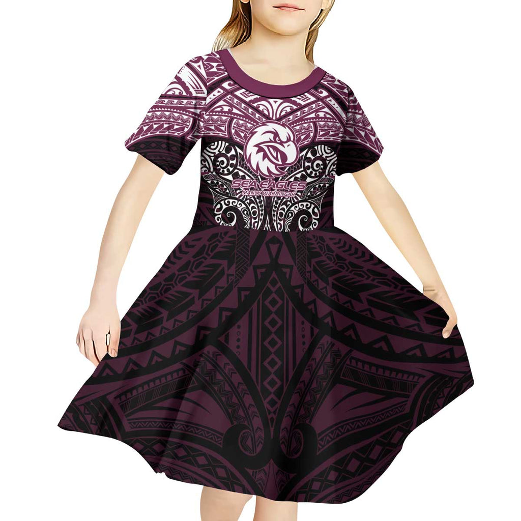 Personalized Manly Warringah Sea Eagles Kid Short Sleeve Dress Polynesian Tribal Pattern Style
