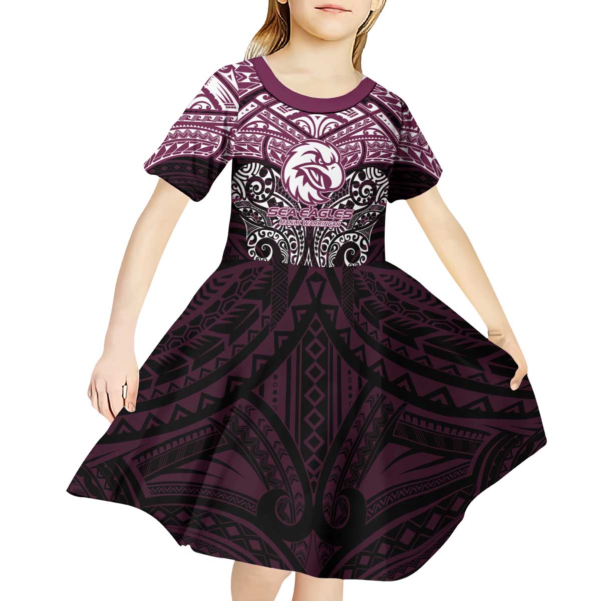 Personalized Manly Warringah Sea Eagles Kid Short Sleeve Dress Polynesian Tribal Pattern Style