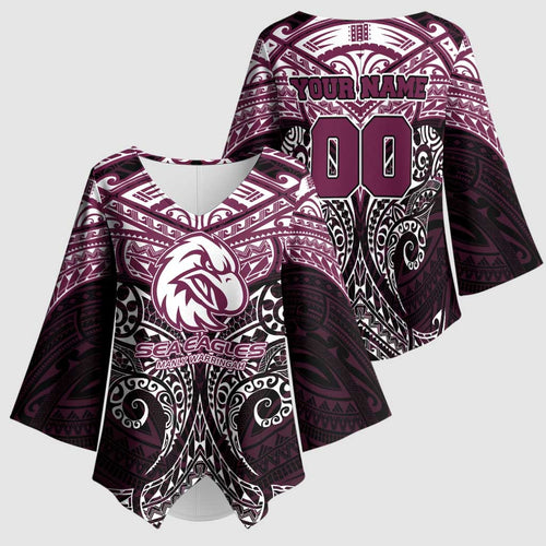 Personalized Manly Warringah Sea Eagles Kimono Sleeve Blouse Polynesian Tribal Pattern Style