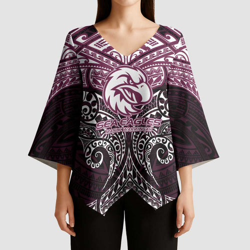 Personalized Manly Warringah Sea Eagles Kimono Sleeve Blouse Polynesian Tribal Pattern Style