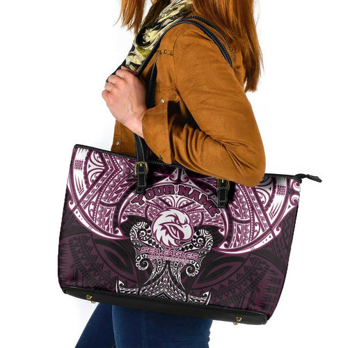 Personalized Manly Warringah Sea Eagles Leather Tote Bag Polynesian Tribal Pattern Style