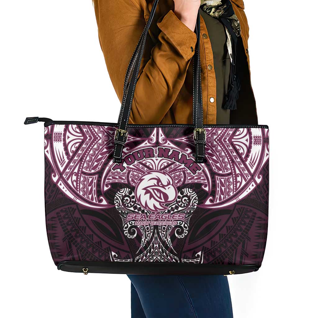 Personalized Manly Warringah Sea Eagles Leather Tote Bag Polynesian Tribal Pattern Style