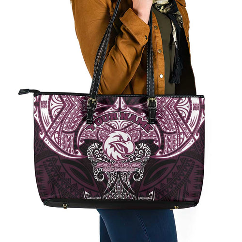 Personalized Manly Warringah Sea Eagles Leather Tote Bag Polynesian Tribal Pattern Style