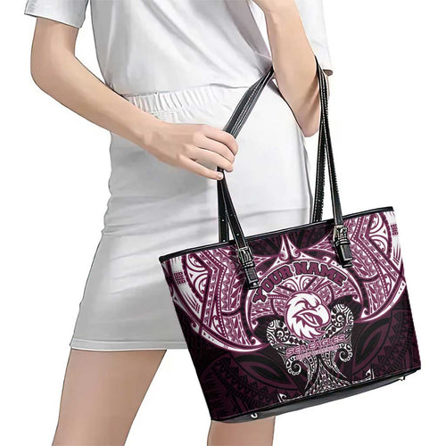 Personalized Manly Warringah Sea Eagles Leather Tote Bag Polynesian Tribal Pattern Style