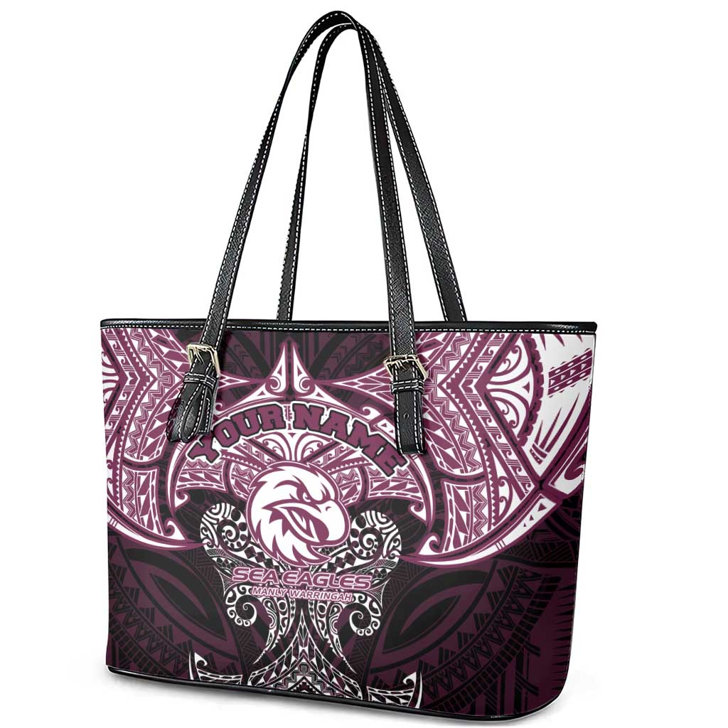 Personalized Manly Warringah Sea Eagles Leather Tote Bag Polynesian Tribal Pattern Style