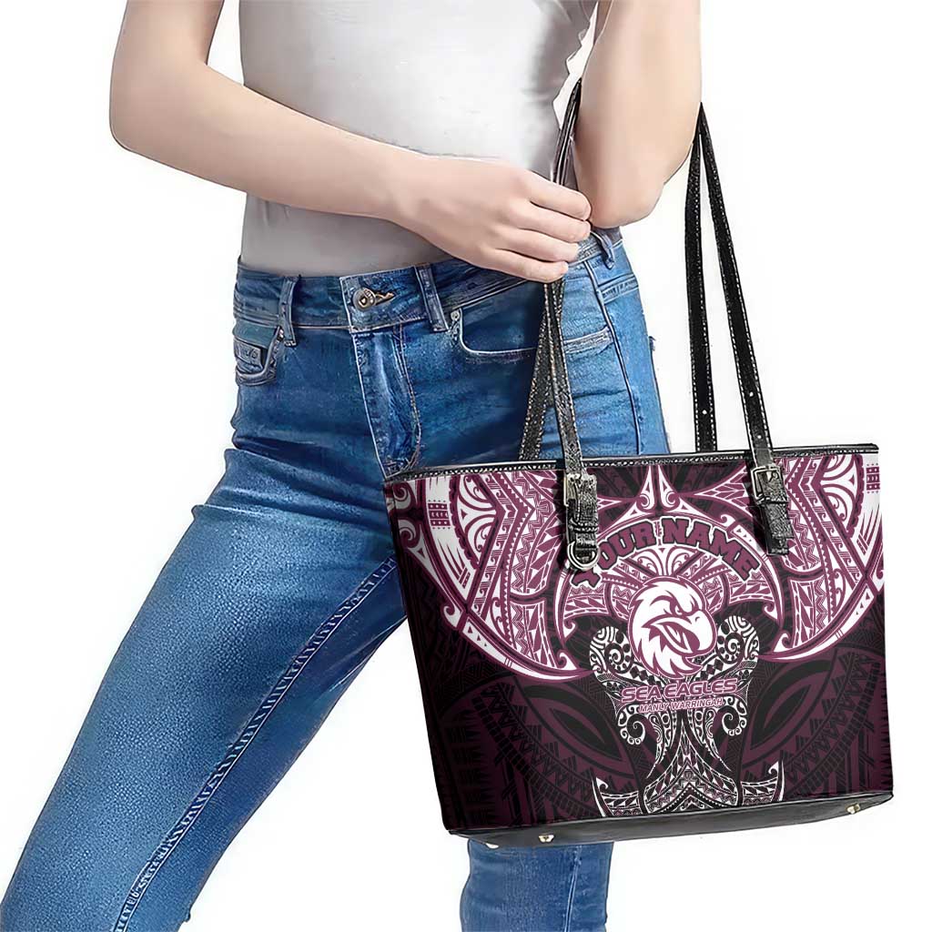 Personalized Manly Warringah Sea Eagles Leather Tote Bag Polynesian Tribal Pattern Style