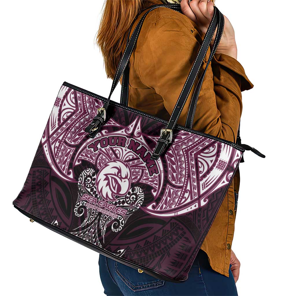 Personalized Manly Warringah Sea Eagles Leather Tote Bag Polynesian Tribal Pattern Style
