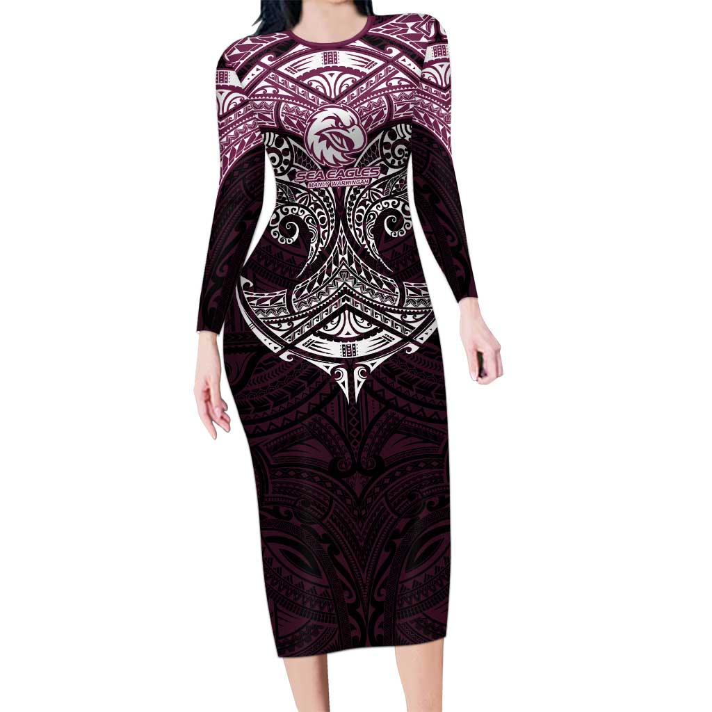 Personalized Manly Warringah Sea Eagles Long Sleeve Bodycon Dress Polynesian Tribal Pattern Style