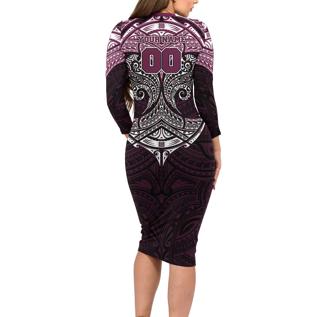 Personalized Manly Warringah Sea Eagles Long Sleeve Bodycon Dress Polynesian Tribal Pattern Style