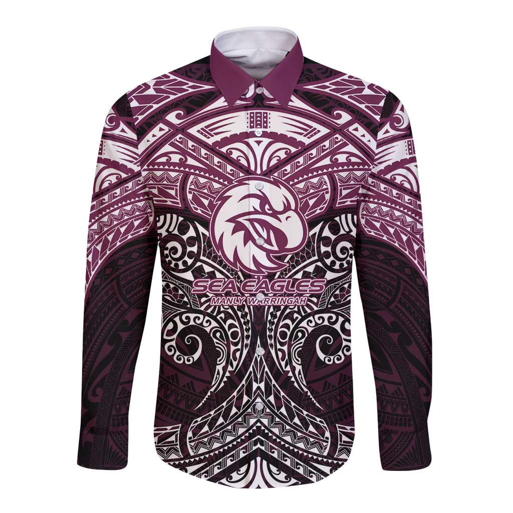 Personalized Manly Warringah Sea Eagles Long Sleeve Button Shirt Polynesian Tribal Pattern Style