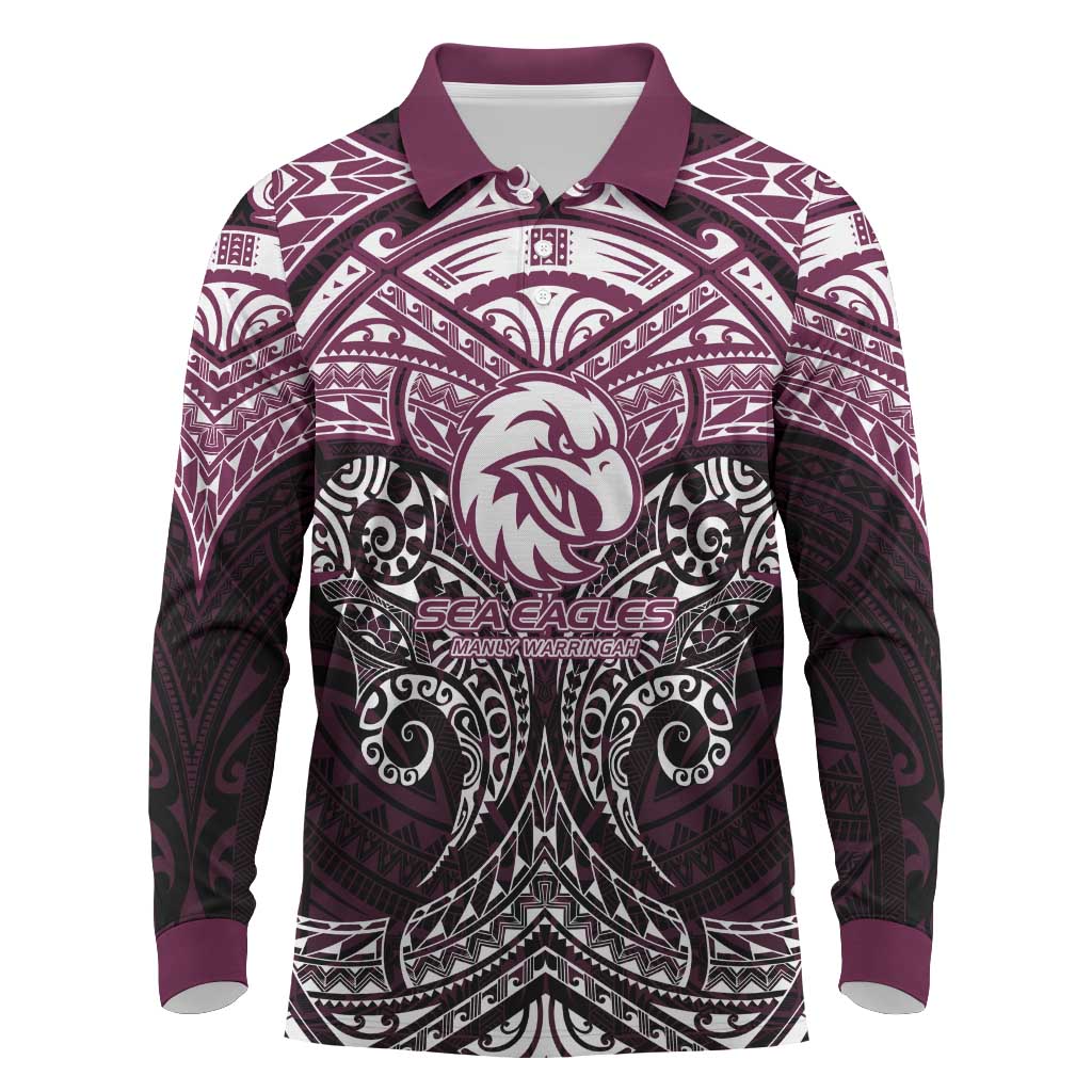Personalized Manly Warringah Sea Eagles Long Sleeve Polo Shirt Polynesian Tribal Pattern Style