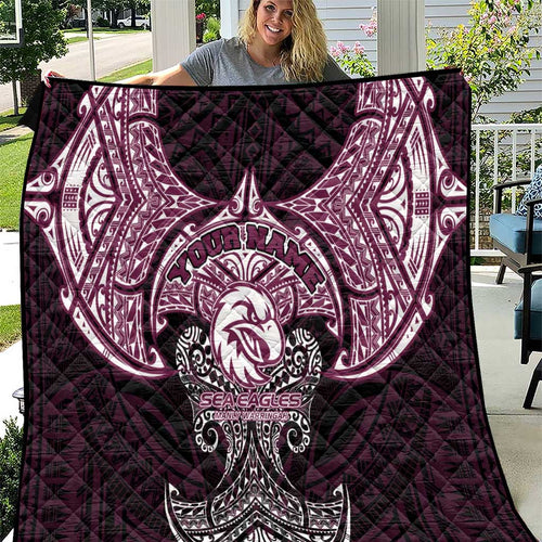 Personalized Manly Warringah Sea Eagles Quilt Polynesian Tribal Pattern Style