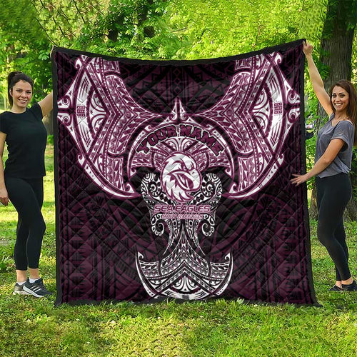 Personalized Manly Warringah Sea Eagles Quilt Polynesian Tribal Pattern Style